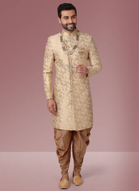 Golden Exclusive Traditional Wear Jacquard Banarasi Brocade Indo Western Mens New Collection 1117
